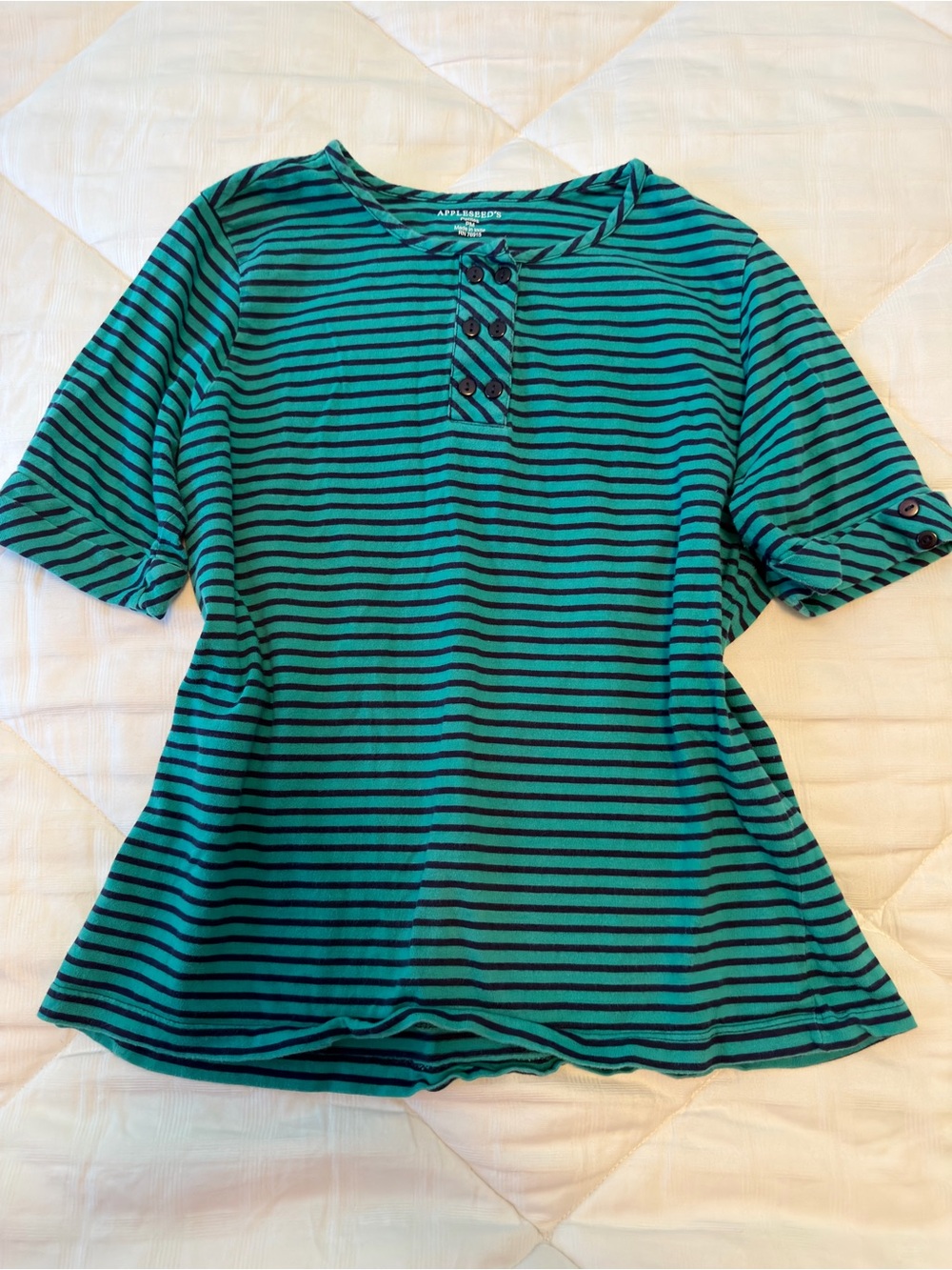 Appleseed’s Green & Navy Blue Striped Top Organic Cotton 3/4 Sleeves